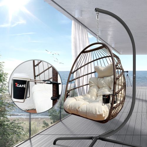 Swing Egg Chair With Stand Indoor Outdoor, UV Resistant Cushion Hanging Chair With Guardrail And Cup Holder, Anti-Rust Foldable Aluminum Frame Hammock Swing Egg Chair With Stand Indoor Outdoor, UV Resistant Cushion Hanging Chair With Guardrail And Cup Holder, Anti-Rust Foldable Aluminum Frame Hammock